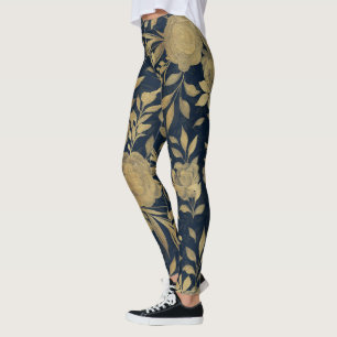 Elegant Gold Roses Floral Navy-Blue Design Leggings