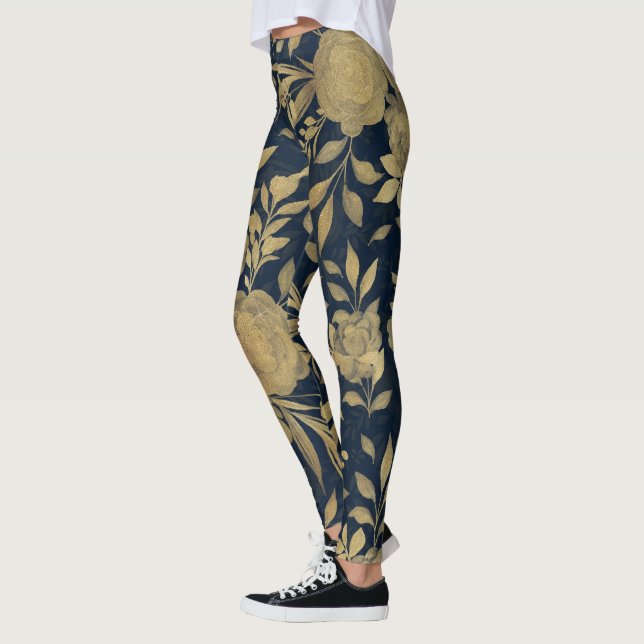 Elegant Gold Roses Floral Navy-Blue Design Leggings (Left)