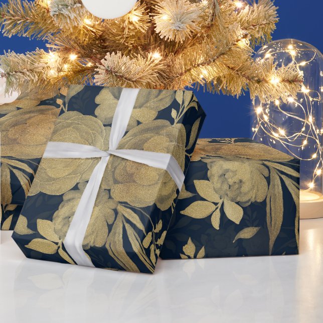 Elegant Gold Roses Floral Navy-Blue Design Wrapping Paper (Holidays)