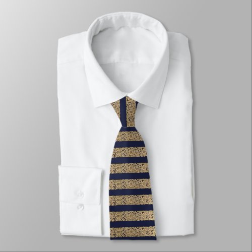 Elegant Gold Roses Stripes on Navy Blue Classic Neck Tie