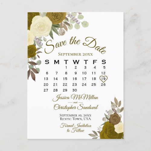 Elegant Gold Roses Wedding Save the Date Calendar Announcement Postcard