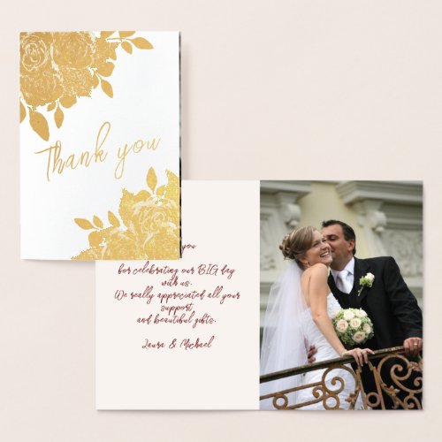 Elegant Gold Roses Wedding Thank You Real Foil Card