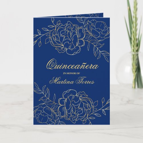 Elegant Gold Royal Blue Fine Floral Quinceanera Invitation