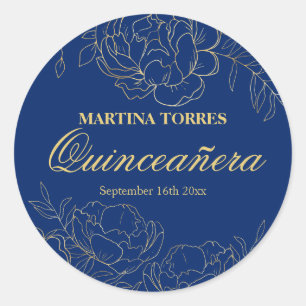 Elegant Gold Royal Blue Floral Quinceanera Sticker