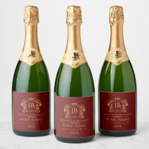 Elegant Gold Royal Crest Scrolls Crown On Red Sparkling Wine Label
