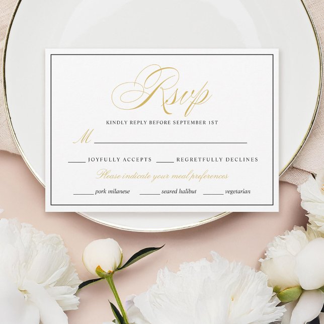 Elegant Gold RSVP card with black border on white (Creator Uploaded)