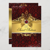 Elegant Gold Ruby Red Damask Sweet Sixteen Invite (Front/Back)