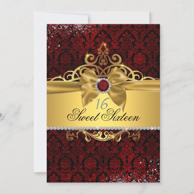 Elegant Gold Ruby Red Damask Sweet Sixteen Invite (Front)