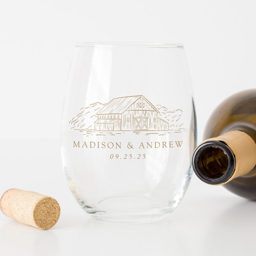 Elegant Gold Rustic Barn Personalized Wedding Stemless Wine Glass