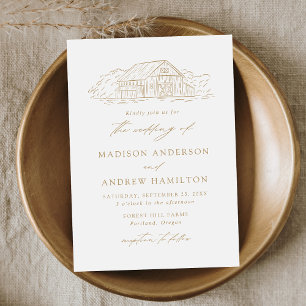 Elegant Gold Rustic Barn Wedding Invitation