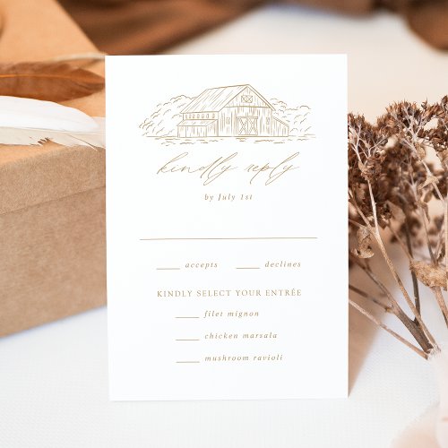 Elegant Gold Rustic Barn Wedding Meal Choice RSVP Card