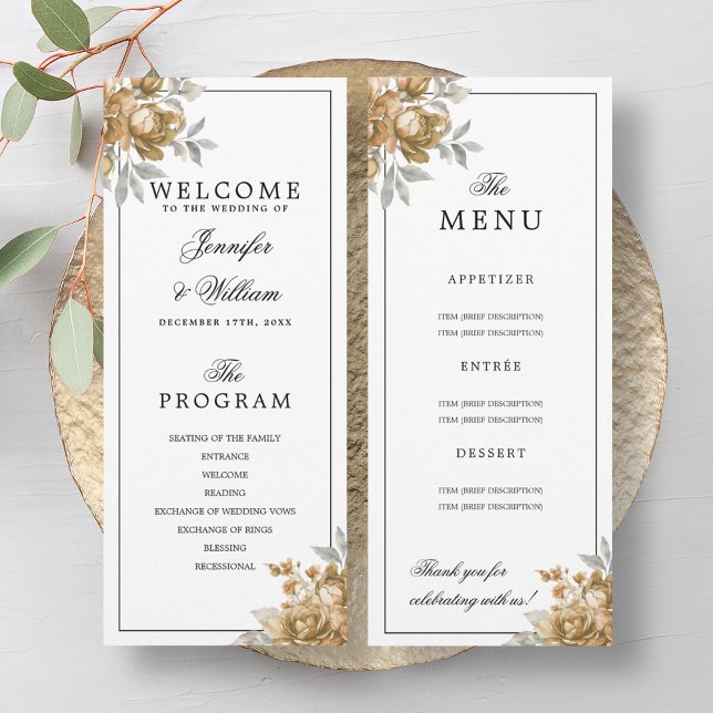 Elegant Gold Rustic Floral Wedding Program Menu (Elegant Gold Rustic Floral Wedding Program Menu)