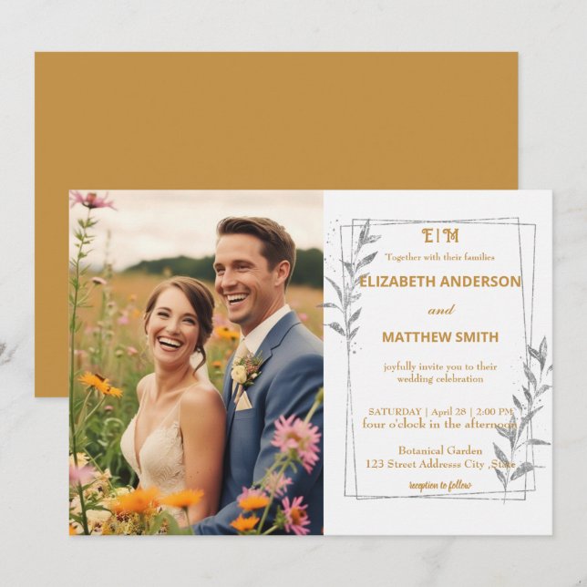 Elegant Gold rustic flowers photo romantic wedding Invitation (Front/Back)