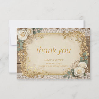 Elegant Gold Rustic Lace Ivory Rose Pearl Bow Thank You Card