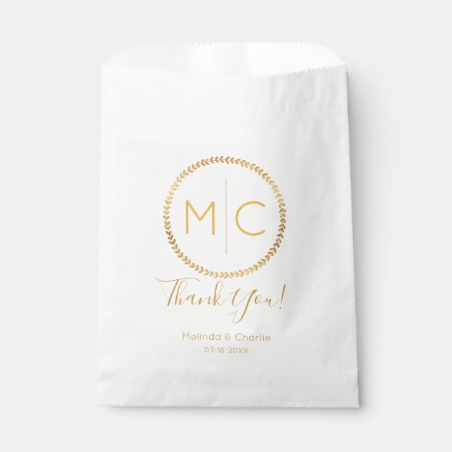 Elegant Gold Rustic Wreath Leaf Monogram Wedding Favor Bag (Front)