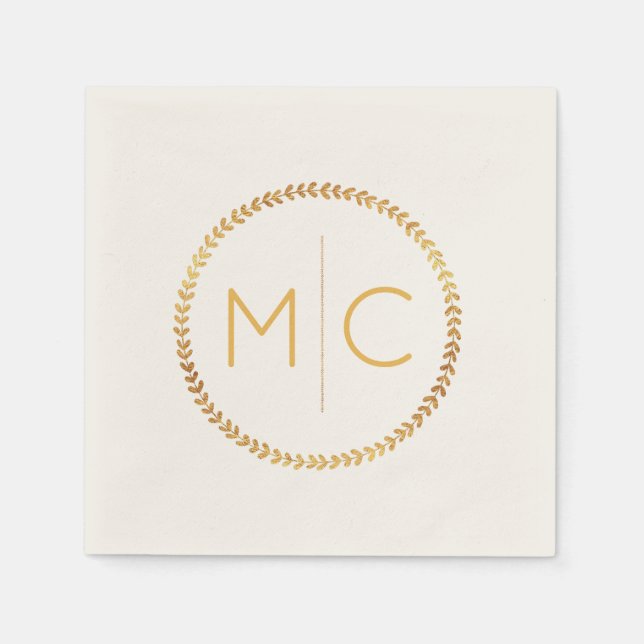 Elegant Gold Rustic Wreath Leaf Monogram Wedding Napkins (Front)