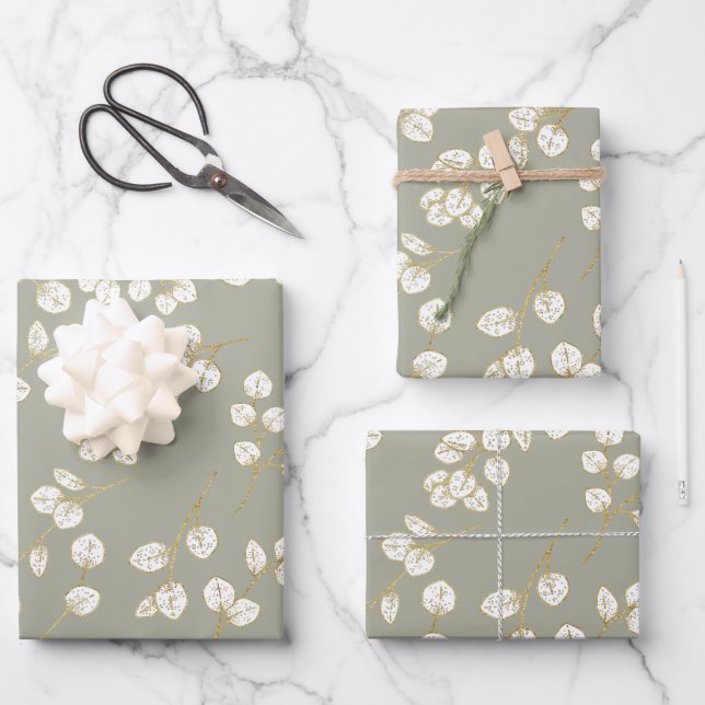 Elegant Gold Sage Green Greenery Eucalyptus Leaves Wrapping Paper Sheets (Front)