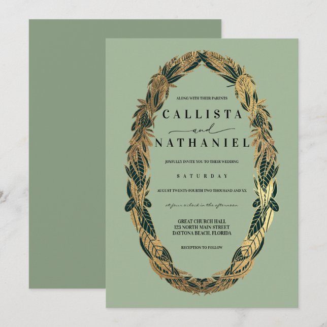 Elegant Gold Sage Green Greenery Leaves Wedding Invitation (Front/Back)