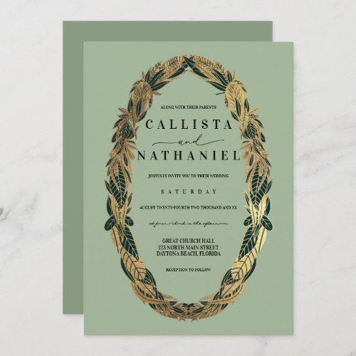 Elegant Gold Sage Green Greenery Leaves Wedding Invitation