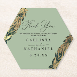 Elegant Gold Sage Green Greenery Leaves Wedding Paper Coaster