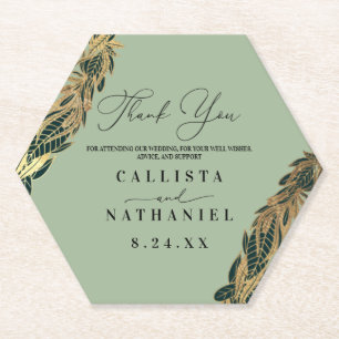 Elegant Gold Sage Green Greenery Leaves Wedding Paper Coaster