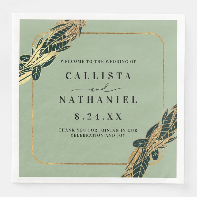 Elegant Gold Sage Green Greenery Leaves Wedding Paper Dinner Napkins (Front)