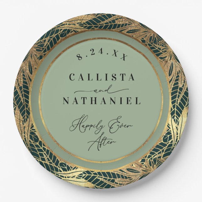 Elegant Gold Sage Green Greenery Leaves Wedding Paper Plates (Front)