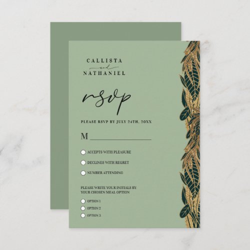 Elegant Gold Sage Green Greenery Leaves Wedding RSVP Card