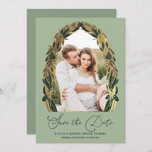 Elegant Gold Sage Green Greenery Leaves Wedding Save The Date