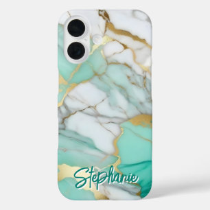 Elegant Gold Sage Green Marble Custom Name iPhone 16 Case