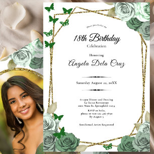 Elegant Gold Sage Green Rose 18th Birthday Debut Invitation