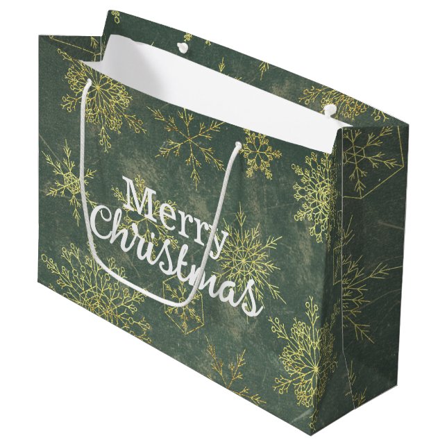 Elegant Gold Sage Green Snowflakes Merry Christmas Large Gift Bag (Front Angled)