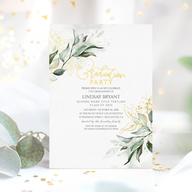 Elegant Gold Sage Greenery Boho Graduation Party Foil Invitation (Greenery Graduation Invitations)