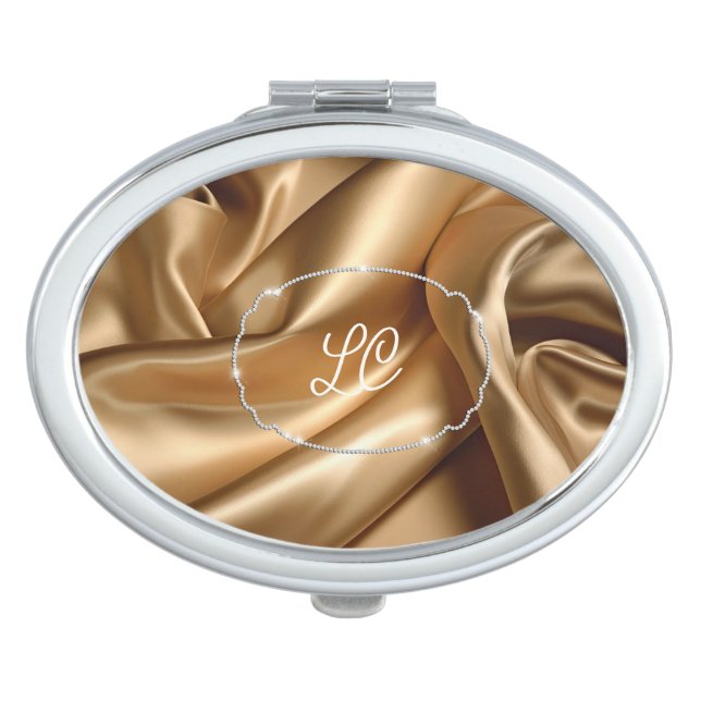 Elegant Gold Satin and Diamond Look Compact Mirror (Front)