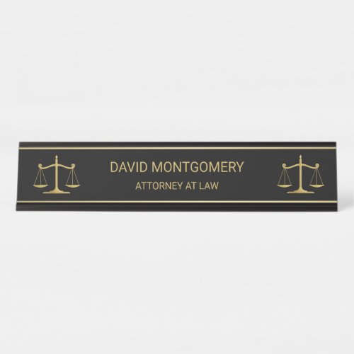 Elegant Gold Scales of Justice Lawyer Black Desk Name Plate