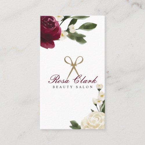 Elegant Gold Scissor  Red Watercolor Floral Logo Business Card