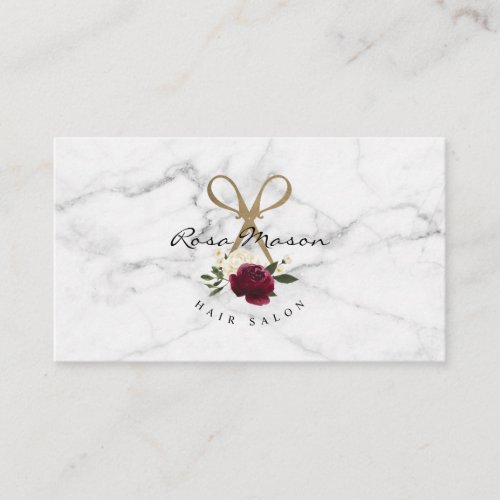 Elegant Gold Scissor  Red Watercolor Floral Logo Business Card