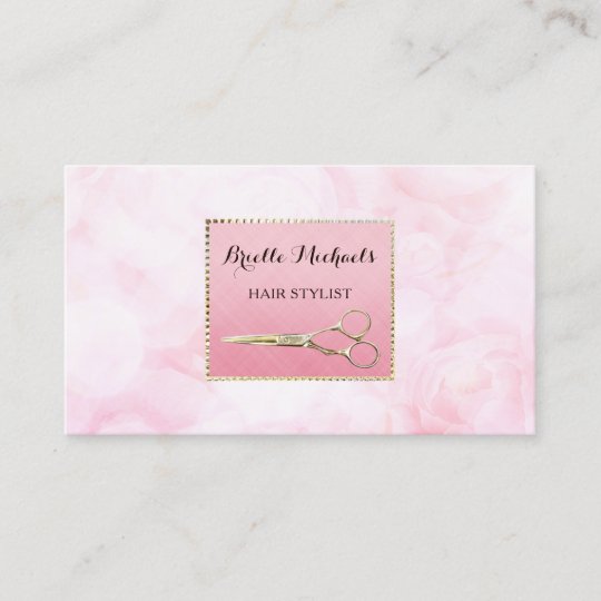 Elegant Gold Scissors Chic Pink Floral Hairstylist Business Card