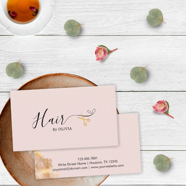 Elegant Gold Scissors Hairstylist Blush Pink Hair Appointment Card (Front and Back)