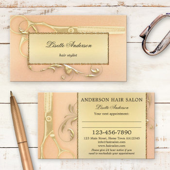 Elegant Gold Scissors Peach Hair Stylist  Appointment Card by sunnysites at Zazzle
