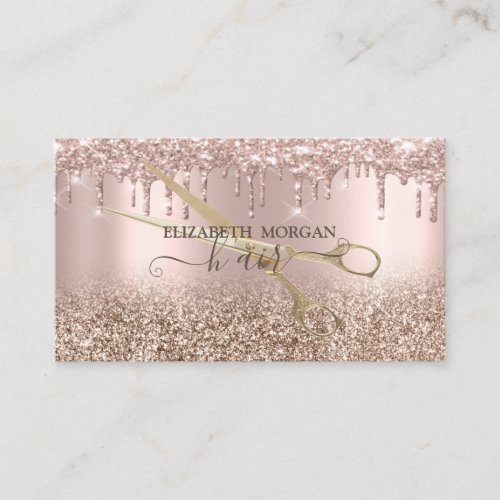 Elegant Gold Scissors Rose Gold Glitter Drips Business Card