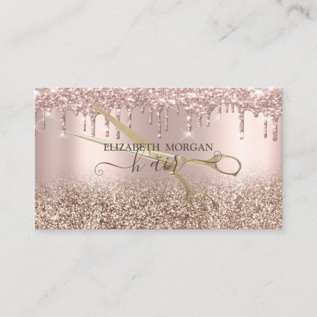 Elegant Gold Scissors Rose Gold Glitter Drips Business Card (Front)