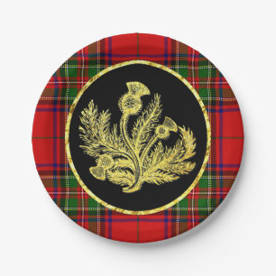 Elegant Gold Scottish Thistle and Plaid Paper Plates
