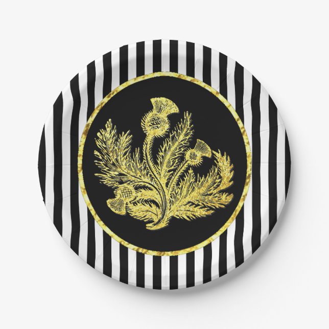 Elegant Gold Scottish Thistle and Stripe Paper Plates (Front)