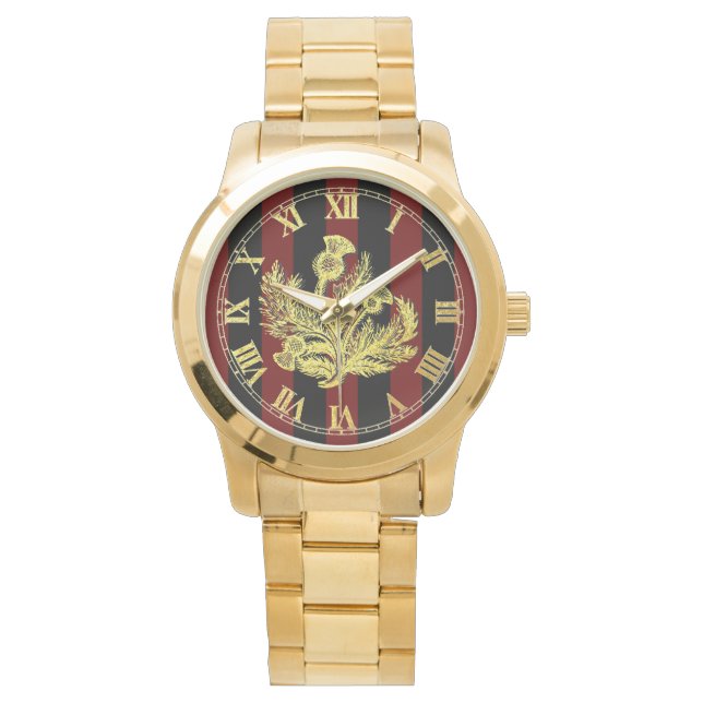 Elegant Gold Scottish Thistle on Stripe Watch (Front)