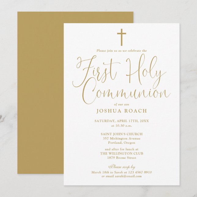 Elegant Gold Scrip First Holy Communion Invitation (Front/Back)