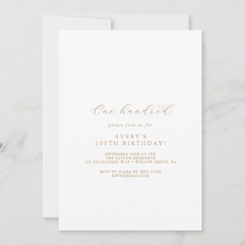 Elegant Gold Script 100th Birthday Party Invitation