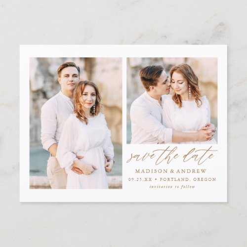 Elegant Gold Script 2 Photo Save the Date Announcement Postcard