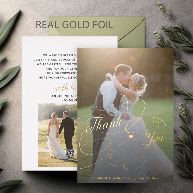 Elegant gold script 2 photo wedding thank you card (Creator Uploaded)