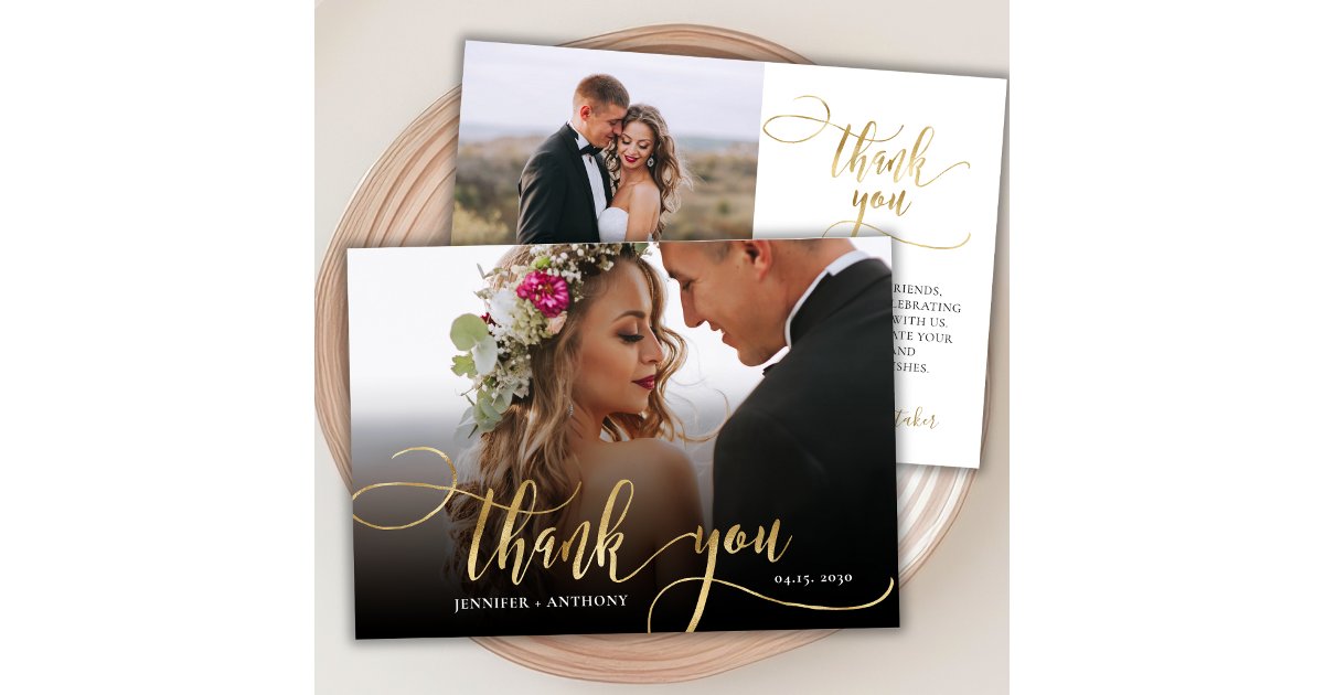 Elegant Gold Script 2 Photo Wedding Thank You Card | Zazzle